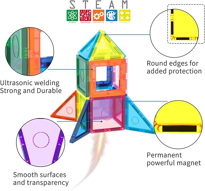 110 pc Magnetic Tiles with Car Set, Building Blocks Toys STEAM Educational Learning Magnet Toy Preschool Montessori Boys & Girls Smart Creative Kit Games Gifts for Age 3+ Kids Toddlers