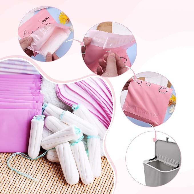 Pink Opaque Feminine Hygiene Disposal Bags - 7x12inches, Pack of 100 with Storage Bag - For Tampons & Sanitary Liners