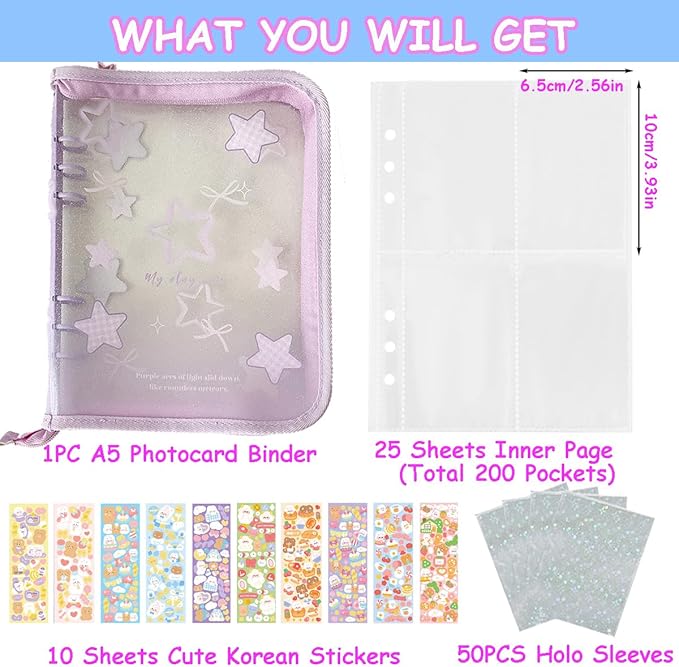Kpop Photocard Binder Kpop Photocard Holder Book with Kpop Photocard Korean Stickers, A5 Binder Photocard Album 25 Inner Pages with 200 Pockets 6 Ring Photocard Binder Kpop (Purple Star)