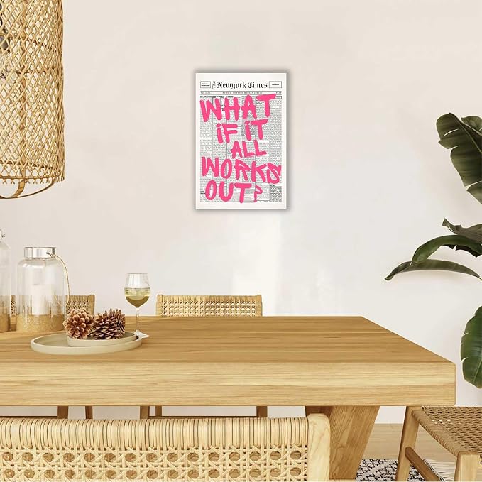 Drimiler Retro Newspaper Pink Font Poster What If It All Works Out Canvas Wall Art Positive Affirming Quote Minimalist Prints Painting For Home Bedroom Dorm Wall Decor 8x12in Wframed