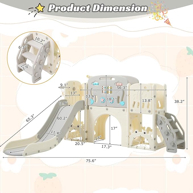 11in 1 Toddler Slide, Kid Slide for Toddlers Age 1-3 with Telescope, Basketball Hoop, and Telescope, Indoor Outdoor Playset Playground Grey Beige
