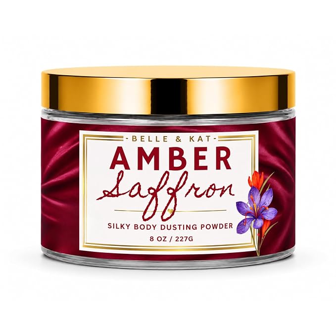 Body Dusting Powder for Men & Women Scented Amber & Saffron (our version of B. Rouge type), Bath Perfume Powder with Fragrance & Essential Oils, Talc Free 8oz Container with Soft Puff, Made in USA
