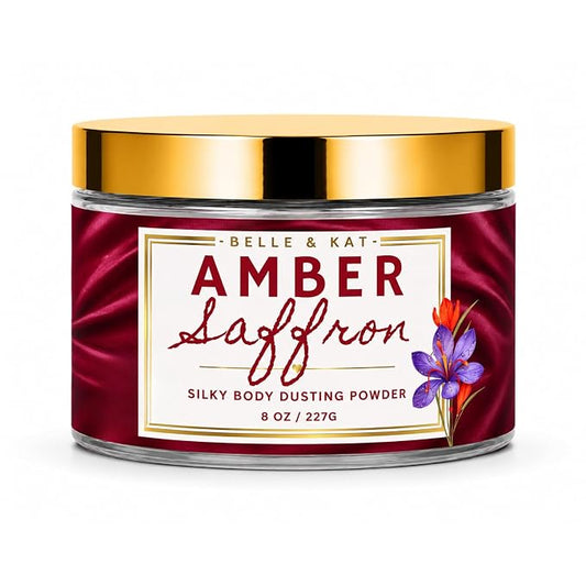 Body Dusting Powder for Men & Women Scented Amber & Saffron (our version of B. Rouge type), Bath Perfume Powder with Fragrance & Essential Oils, Talc Free 8oz Container with Soft Puff, Made in USA
