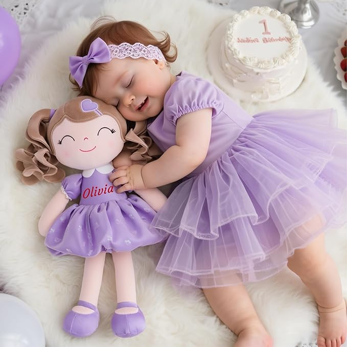 Gloveleya Personalized Baby Doll – Custom Name Plush Doll with Curly Hair & Purple Heart Dress | Unique Birthday for Girls, Toddlers & Kids | Soft Huggable Keepsake Toy