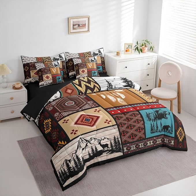 Feelyou Rustic Bear Comforter Set with Sheets 7 Piece King Size Farmhouse Cabin Hunting Deer Bedding Set for Kids Boys Girls Retro Bohemian Bed in a Bag Buffalo Plaid Room Decor Soft Microfiber