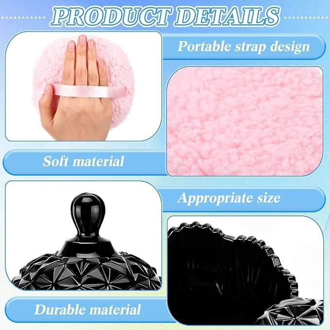 Extra Large Body Powder Puff and Container, 5.3'' Crystal Container with 5.3'' Oversize Dust Powder Puff Washable Reusable Face Body Wet Dry Makeup Gift(Black, Diamond)