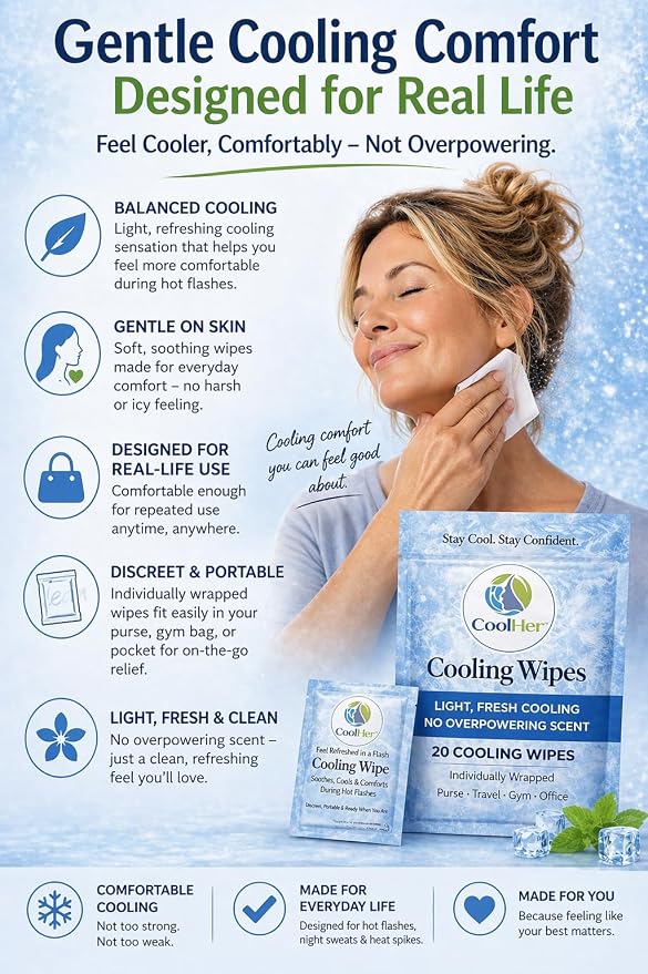 Cooling Wipes for Women – Gentle Cooling for Hot Flashes, Hot Weather & Travel – Individually Wrapped Cooling Wipes – Not Overpowering (20 Count)