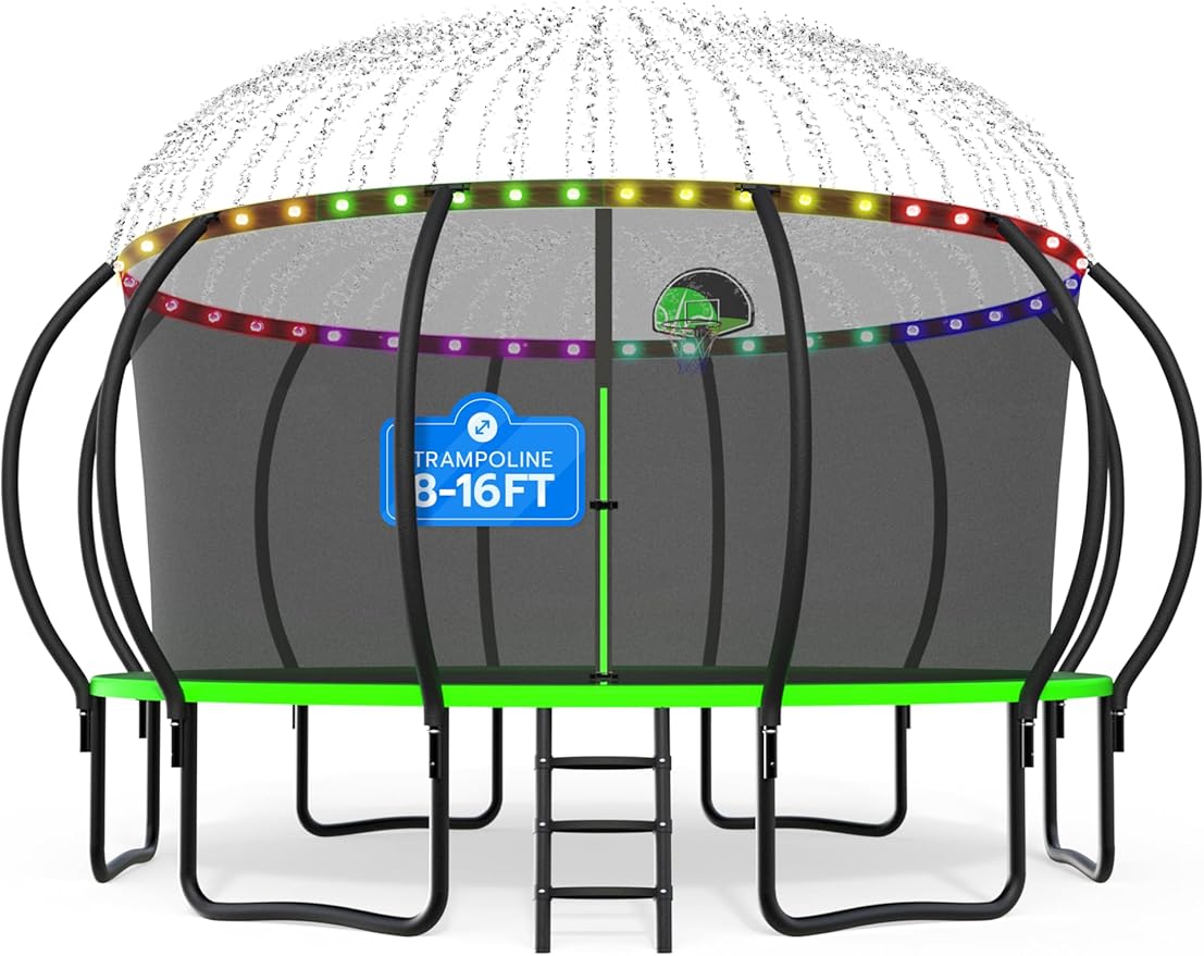 DeepRoar 2026 Upgraded 8/10/12/14/15/16FT Pumpkin Tranpoline for Kids, Heavy Duty 1500LBS Outdoor Tranpoline Set with Basketball Hoop, Light, Sprinkler & Socks, Recreational Trampolings, ASTM Approved