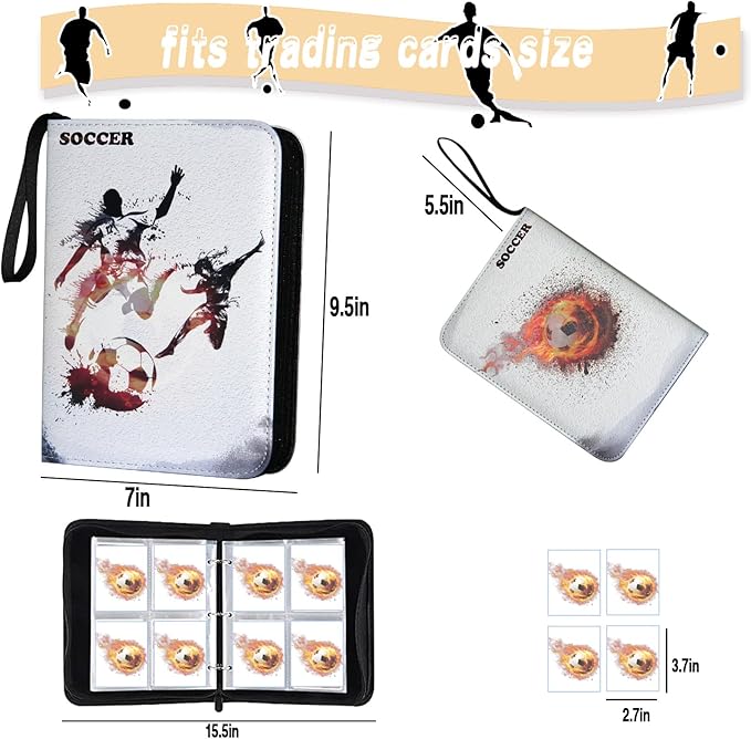 Soccer Card Binder, World Cup Card Binder 4 Pocket with 50 Removable Sleeves Fits 400 Sport Cards, 3 Ring Card Holder Binder with Zipper, Collector Storage Album