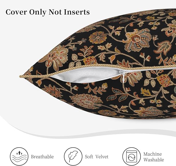 Vintage Tapestry Velvet Pillow Covers 20x20 In Black Brown Bohemian Boho Carpet Throw Pillows for Couch Soft Cushion Covers Rustic Retro Rug Pillow Cases for Sofa Bed Living Room Outdoor Pillowcase