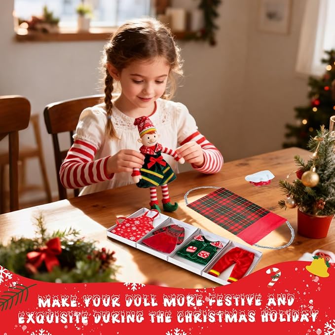 Christmas Doll Clothes & Accessories Kit, 12PCS Retro Christmas Style Vest, Skirt, Hammock, Chef Hat, Apron, Eye Mask – Festive Girl Boy Doll Clothes for Kids Xmas Party Decor