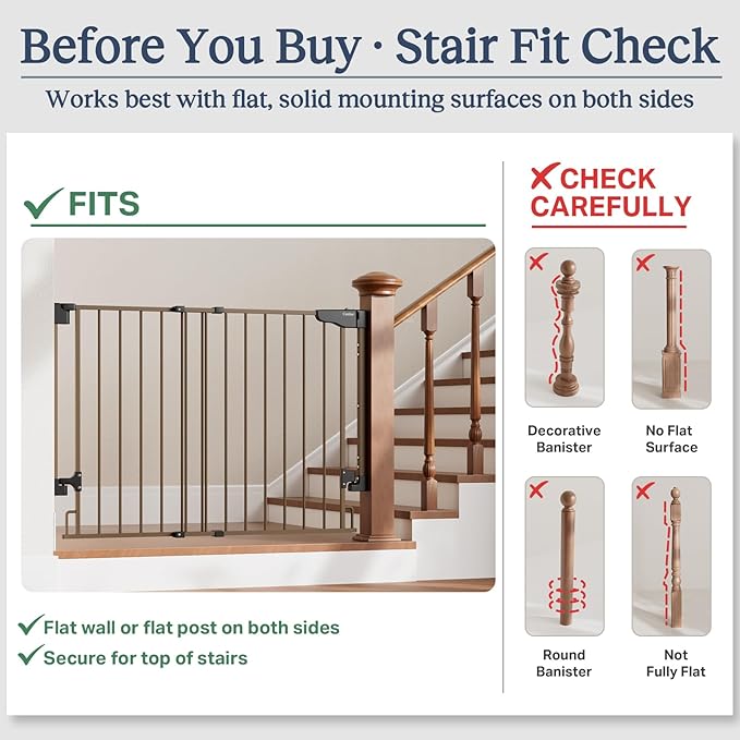 Cumbor 29.2–43" Baby Gate for Stairs, Hardware Mounted (Drill Required), Expandable No Bottom Bar Dog Gate, Auto Close Extra Wide Walk Thru, Pet & Toddler Proof Gate, Top & Bottom of Stairways (Brown)
