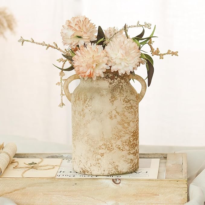 Glass Flower Vase with Handle- 8 Inches Rustic Imitation Ceramic Vase for Flowers, Vintage White Brown Centerpiece Decorations for Farmhouse, Modern Home, Table & Holiday Decorations