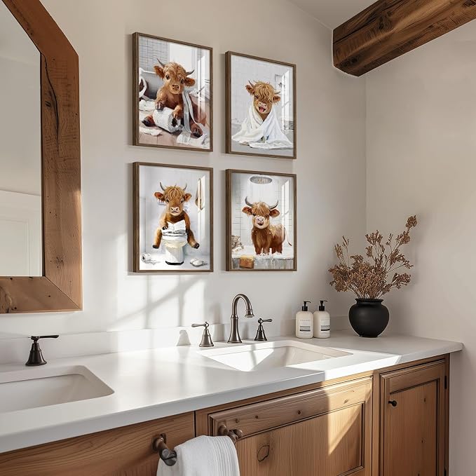 Framed Funny Highland Cow Wall Art for Bathroom, 4 Piece Rustic Fun Farmhouse Animal Painting Prints Artwork for Walls, Cute Mini Cow Pictures for Restroom Washroom Toilet Bathroom Wall Decor, 12x16