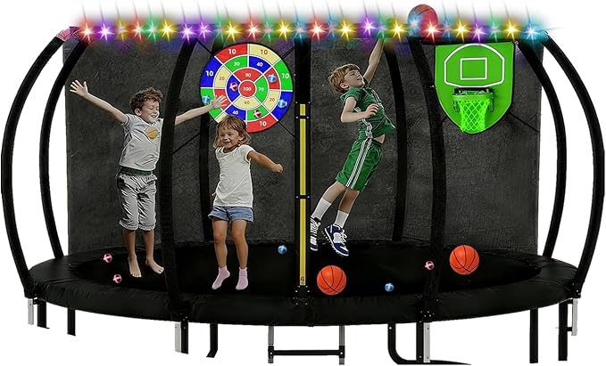 Trampoline Accessories Kit Kids,Basketball Hoop with 3 Mini Basketballs,50FT Solar Lights Fit 8 10 12 14 15 16FT Trampoline Outdoor 8 Mode,Choose from 2 Kits with Sprinkler or Dart Board & Glow Net