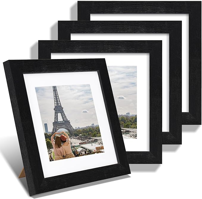 Hongkee 8x8 Picture Frames Set of 4, Made of Glass and Rustic Black Wooden Frame - Display Picture 6x6 with Mat or 8 x 8 Without Mat, 8 by 8 Photo for Wall or Tabletop
