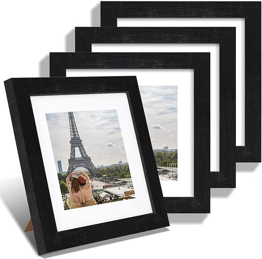 Hongkee 8x8 Picture Frames Set of 4, Made of Glass and Rustic Black Wooden Frame - Display Picture 6x6 with Mat or 8 x 8 Without Mat, 8 by 8 Photo for Wall or Tabletop