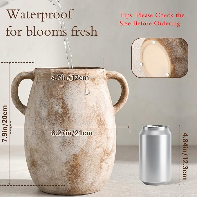Ceramic Flower Vase with Handles, 7.9in Farmhouse Table Rustic Vases, Waterproof Pottery Clay, Flower Terracotta Vases for Home Decor, Living Room,Table, Handcrafted (Terracotta)
