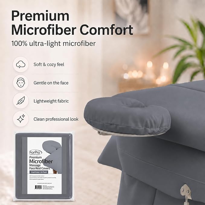 ForPro Premium Microfiber Massage Face Rest Cover, Cool Grey, Ultra-Light, Stain and Wrinkle-Resistant, for Massage Tables, 10-Count