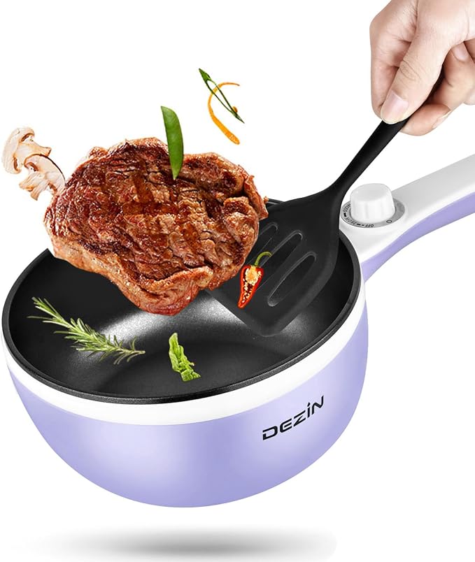Dezin Hot Pot Electric, 1.5L Non-Stick Portable Electric Pot, Dual Power | 700W Upgraded Electric Pot for Cooking Steak, Egg, Oatmeal, Soup, Mini Ramen Cooker for Dorm, Travel, Camping, RV, Purple Pan