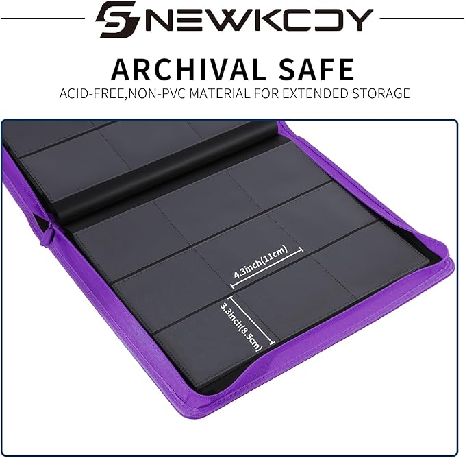 Snekdy Top loader Binder, 9 Pockets Top Loader，Holds 360 Top Loaders cards, Card binder with Sleeves for card in 3 x 4 inches color smooth Zipper PU Leather (Purple)