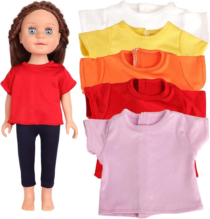 5-Piece Multicolor T-Shirts for 17-18 Inch Dolls / DIY Customizable Plain Tees (Mixed Color)