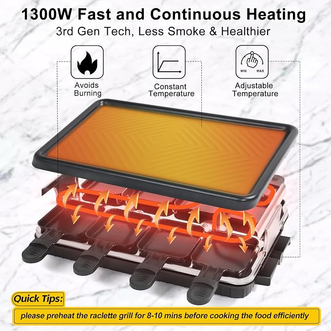 Raclette Grill, Raclette Table Grill, Korean BBQ Grill Indoor, 8 Trays | 1300W Adjustable Temperature Control, 8 Nonstick Cheese Pans, Dishwasher Safe for Family Dinners and Parties