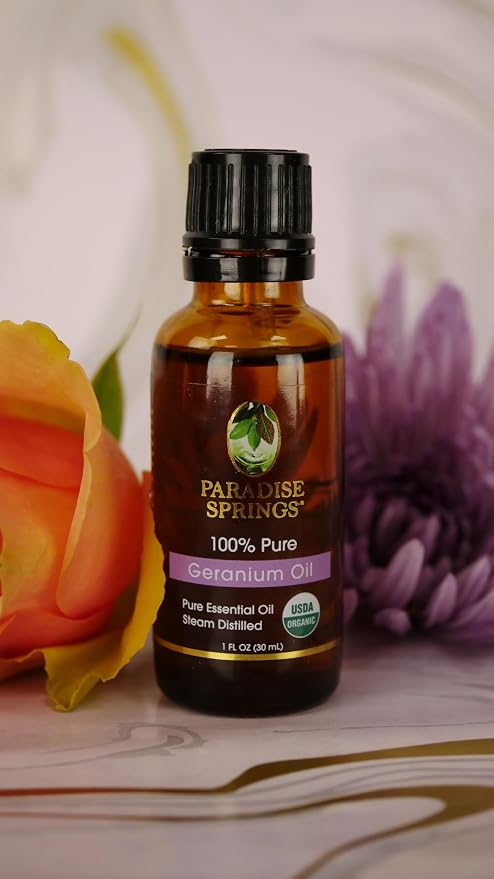 Paradise Springs Organic Geranium Essential Oil 1 fl oz (30ml) | 100% Pure & Natural Geranium Oil for Aromatherapy, Diffusers, Humidifiers, Massage & Home Fragrance