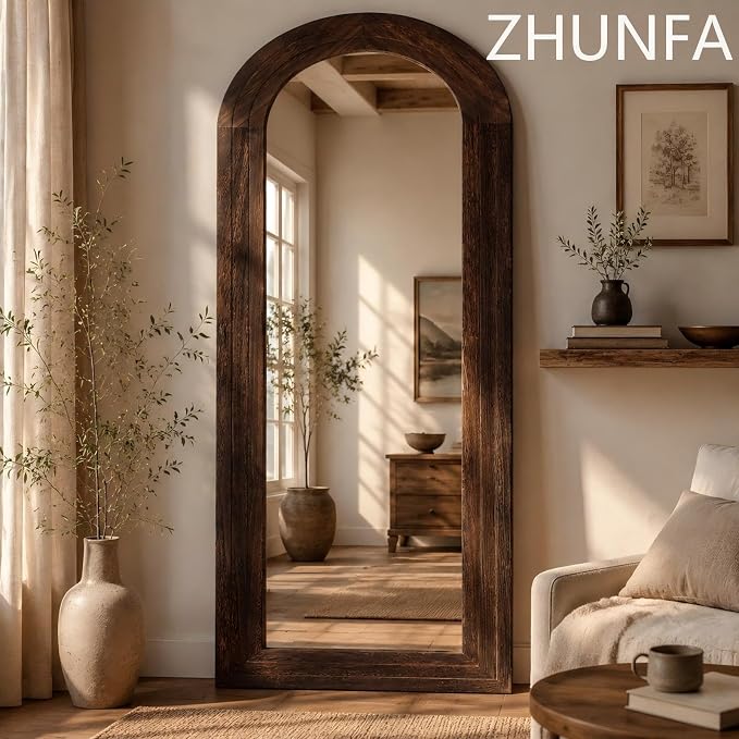 ZHUNFA Arched Full Length Mirror with Solid Wood Frame, 65x22, Brown | Farmhouse Wall Mounted Floor Mirror with Stand, Vertical Hanging, Leaning Standing for Bedroom, Living Room