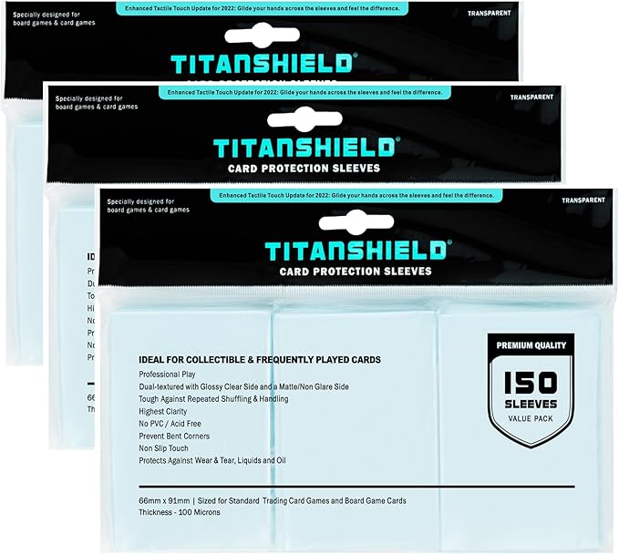 TitanShield Premium Card Sleeves | Compatible with Pokemon, One Piece, Lorcana, Flesh & Blood, & Magic The Gathering MTG | (150 Sleeves - Standard) (3, Clear, Standard | 66x91mm)