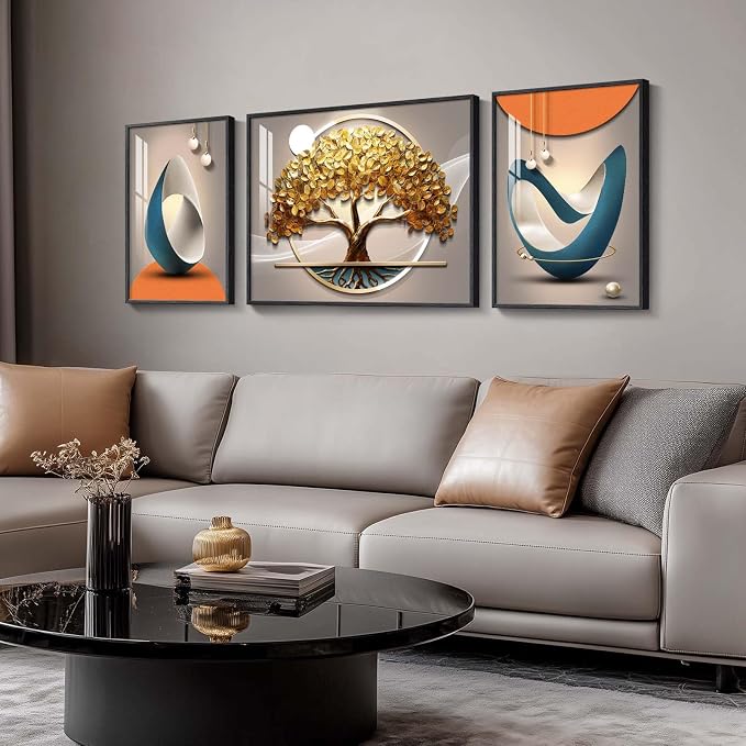 Large Framed Modern Luxury Large Wall Art for Living Room, Set of 3 Bright Style Abstract Paintings Artwork for Walls, Contemporary Big Art Prints Pictures for Hallway Bedroom Dining Room Office Wall Decor