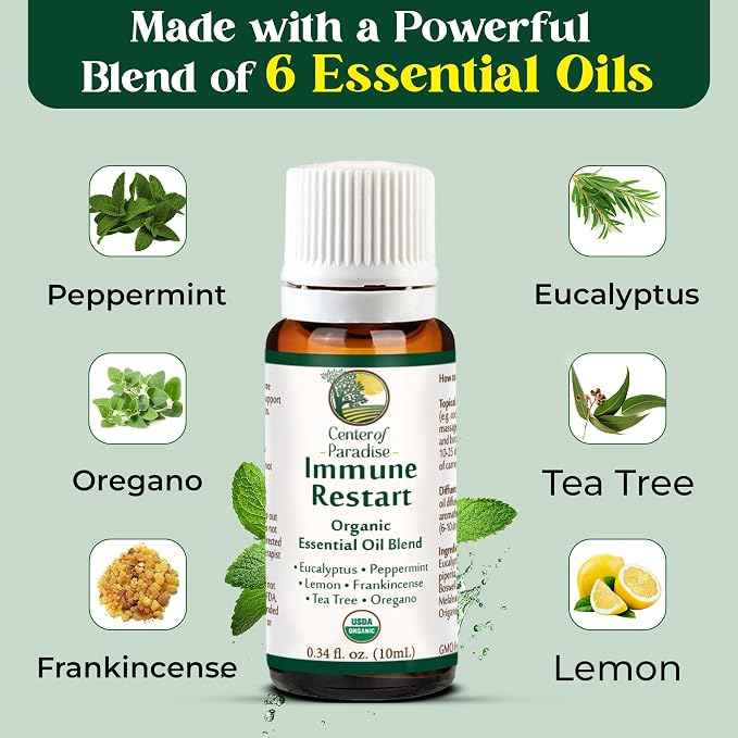 Center of Paradise Immune Restart Organic Essential Oil Blend, USDA Organic, 10 mL, Eucalyptus, Peppermint, Tea Tree, Lemon, Frankincense & Oregano for Diffuser & Aromatherapy