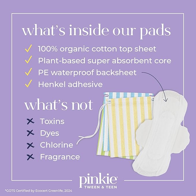 Pinkie Period Starter Pads - Designed for Smaller Underwear - Organic Cotton Topsheet Tween & Teen Pads with Wings - Chlorine Free & Fragrance Free - Teen Combo Pack, 18 Count