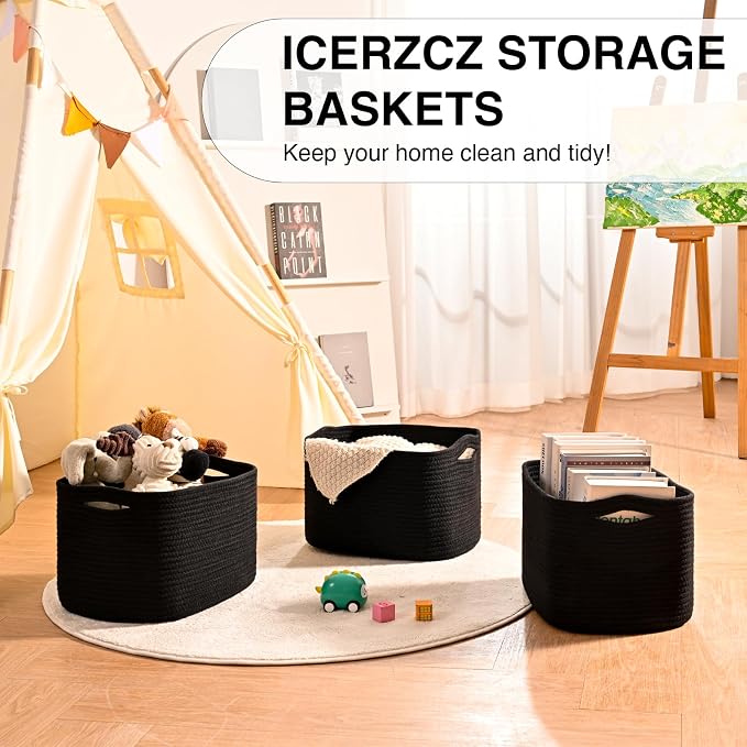 ICERZCZ Black Storage Baskets for Organizing Shelves, Toy Basket for Nursery, Woven Cotton Rope Basket for Decor, Towel Baskets for Bathroom, 15"x11"x9.5", 3 Packs, Black