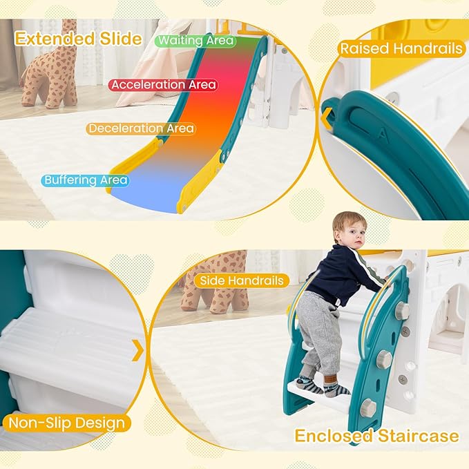 Costzon 9 in 1 Toddler Slide, Kids Slide and Climber Playset with Basketball Hoop, Telescope, Steering Wheel, Aisle, Tunnel & Storage Space, Baby Indoor Playground for Kids Aged 1+