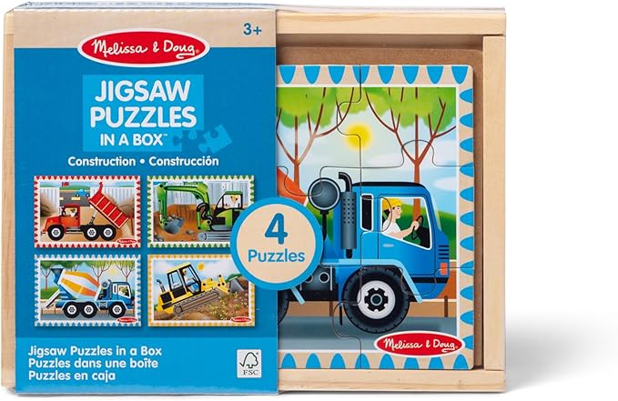 Melissa & Doug 4‑in‑1 Wooden Construction Vehicles Jigsaw Puzzle Set, 48 Pieces with Storage Box, Toddler Puzzle Toy for Kids Ages 3+ - FSC Certified