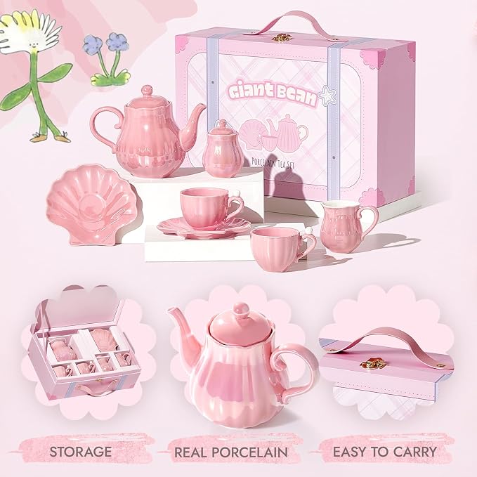 Giant bean Porcelain Tea Set, Pearl Pink Real Tea Party Set for Little Girls, British Royal Princess Series Teapot & Cup & Saucer & Sugar Bowl & Suitcase, for Little Kids Toddlers