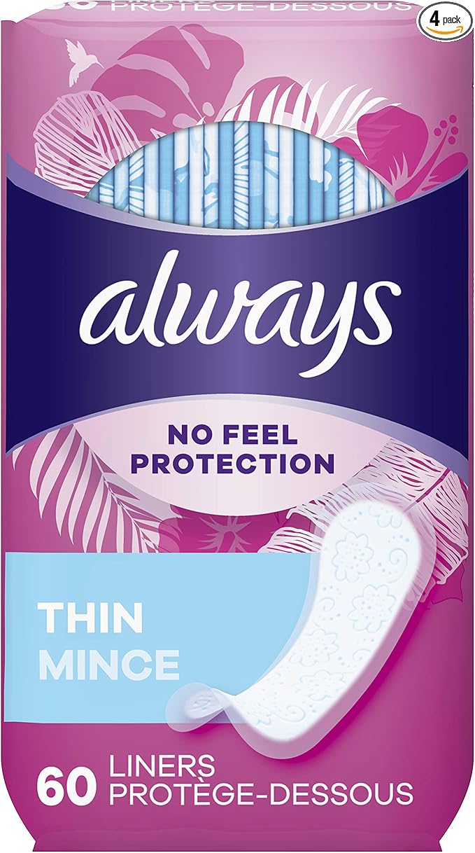 Always Thin No Feel Protection Daily Liners Regular Absorbency Unscented, 60 Count - Pack of 4 (240 Count Total)