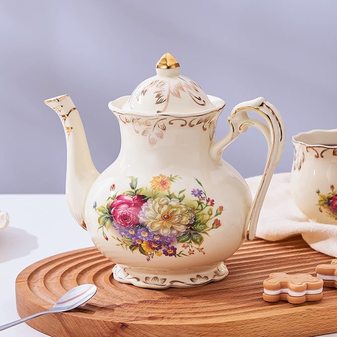 YOLIFE Flowering Shrubs Teapot, 25 OZ/ 3 Cup Vintage Ivory Porcelain Tea Pot, Ivory Floral Teapot with Gold Trim