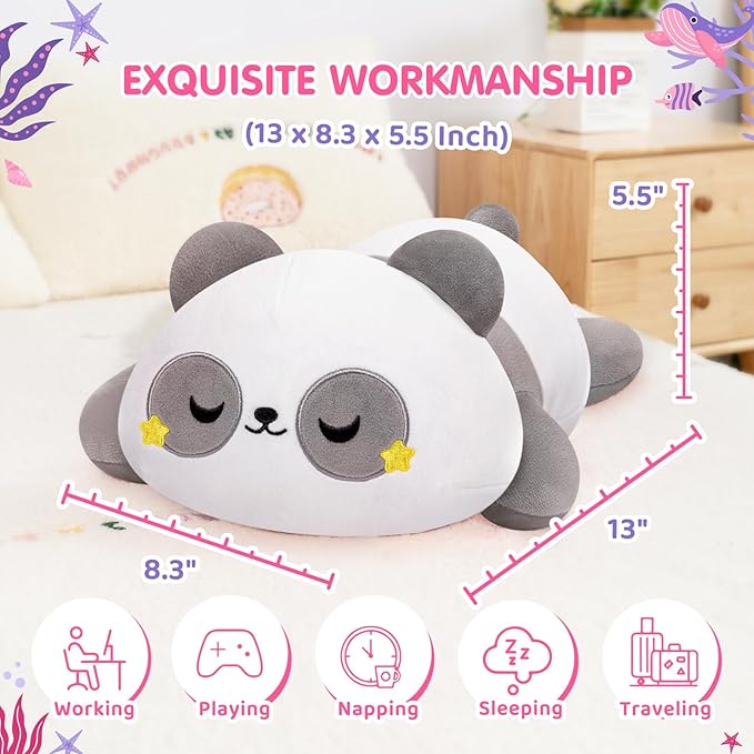 Cute Panda Plush Pillow, Kawaii Plushies Grey Panda Stuffed Animals, Squishy Plushies, Cuddle Plush Pillow for Kids & Girls (13 Inch)