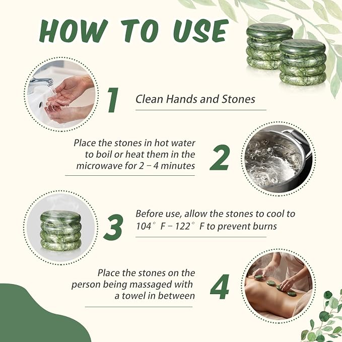 MTLEE 7 Pcs Hot Stones Massage Set Natural Green Jade Heated Warmer Stone, Round, Oval, Mushroom Shaped Hot Rocks, Body Gua Sha Massage Tool with Velvet Bag for Spa Relax, Relieve Tension (Full Body)
