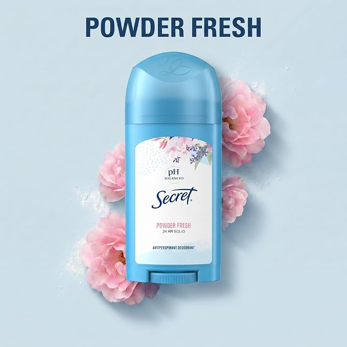 Secret Antiperspirant and Deodorant for Women, 24hr Sweat and Odor Protection, PH Balanced, Gentle on Skin, Wide Solid Deodorant Stick, Powder Fresh Scent, 2.7 oz