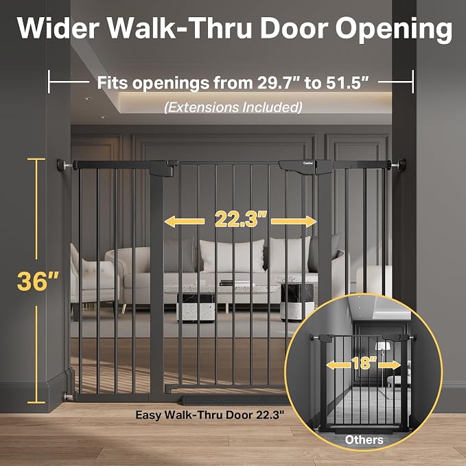Cumbor 36" Extra Tall 29.7-51.5" Baby Gate for Stairs, Easy Walk Through Dog Gates for Doorways Extra Wide, Pressure Mounted Tall Pet Gate Indoor, Safety Auto-Close Child Gate for Kids, Black