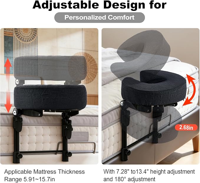 Massage Headrest for Bed with Adjustable Height, Memory Foam Face Cradle, Washable Pillowcase for Home Mat(Black)
