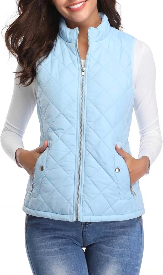 Fuinloth Women's Quilted Vest Lightweight Puffer Stand Collar Zip Gilet | 4 pockets with 2 inner storage. Quilted padded warm gilet. Fall winter outerwear layering vest for travel hiking daily wear.