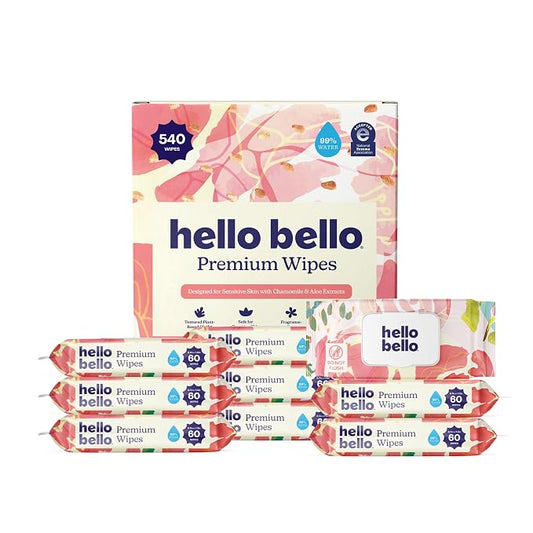Hello Bello Premium Baby Wipes for Sensitive Skin, Hypoallergenic, Fragrance-Free, 99% Water with Chamomile & Aloe, Multi-Use, Rosy Posy, 9 Resealable Packets, 540 Wipes