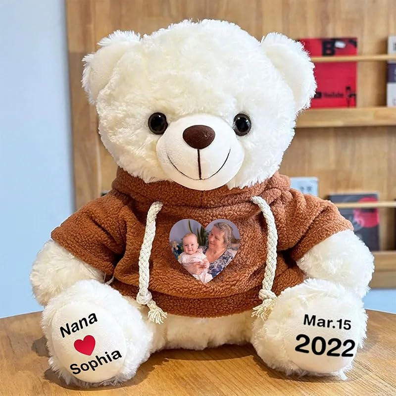 Custom Bear Plush with Picture Text Logo, 11 Inch Personalized Teddy Bear Stuffed Animal, Christmas Birthday Gift for Girls Boys Kids Adults Valentines Graduation Keepsake (Hoodie