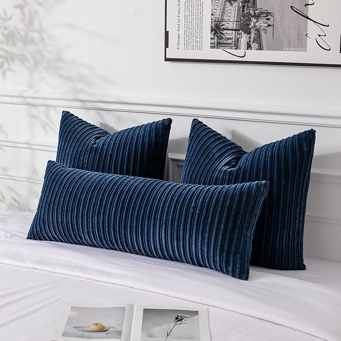 UGASA 14x36 Inch Pillow Cover Pack of 1 Soft Boho Stripe Corduroy Large Long Rectangle Lumbar Cushion Case Farmhouse Decorative Throw Pilowcase for Bed, Couch, Sofa, Bedroom, Living Room, Navy Blue