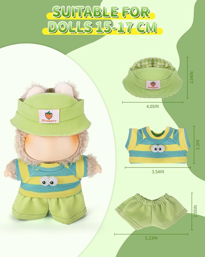 17cm Doll Clothes Set – 3PCS Outfit with Hat, Top & Shorts – Small Doll Clothes & Accessories for 15 - 17 cm Dolls – NO Doll Included – Great for Display, Play or Gift