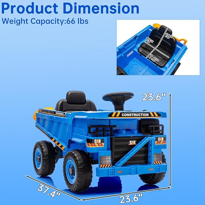 POSTACK 12V Ride On Construction Truck,Battery Powered Ride On Car with Remote Control, Kids Electric Vehicle with Shovel, Speaker, Bluetooth, Music,Boys Girls Gift, 3 Speeds,Blue
